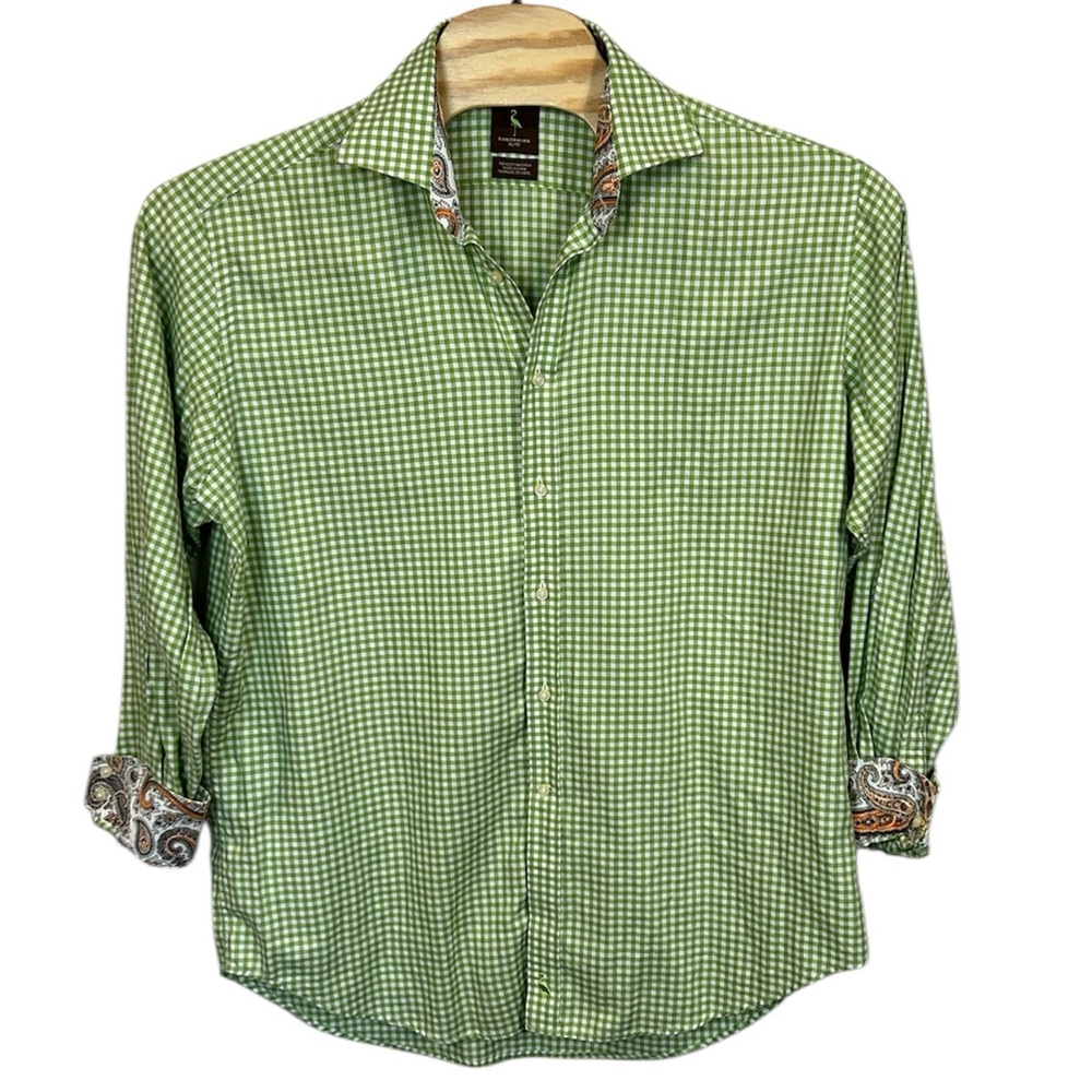 Tailorbyrd Shirt Mens XL Green White Check Flip Cuff Contrast‎ Collar Cotton
